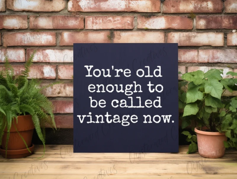 You're old enough to be called vintage now. Dark blue sign with white lettering.