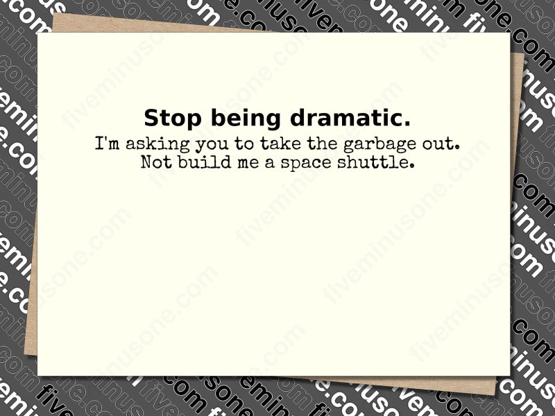 Stop being dramatic. I'm asking you to take the garbage out. Not build me a space shuttle. Front of card.