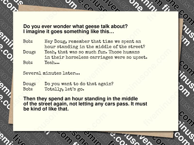 Do you ever wonder what geese talk about? I imagine it goes something like this… front of card.