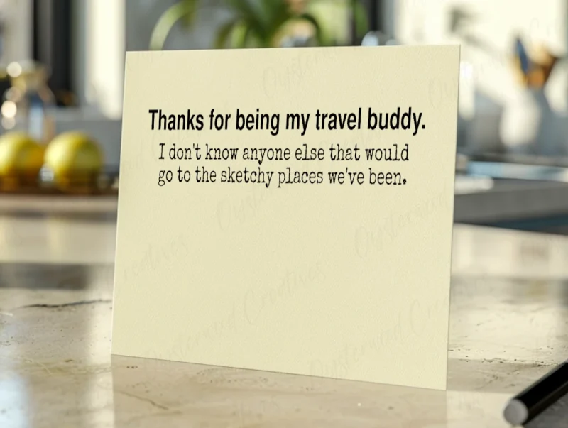 Thanks for being my travel buddy. I don't know anyone else that would go to the sketchy places we've been. Mock up of front of card.