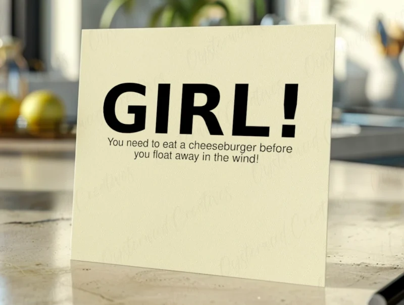 Girl! You need to eat a cheeseburger before you float away in the wind! Mock up front of card.