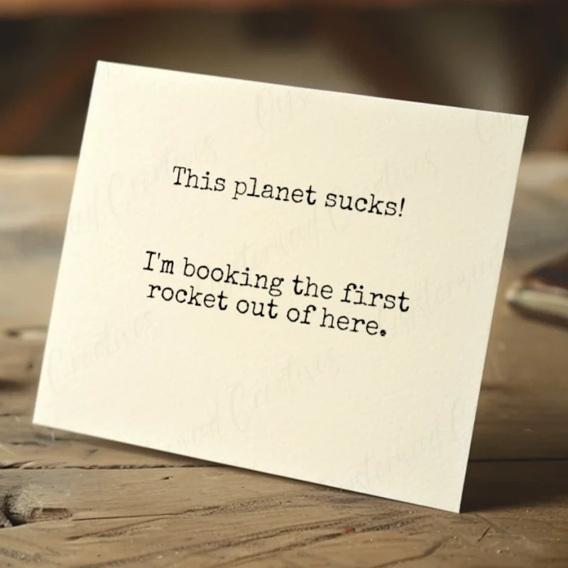 This planet sucks. I'm booking the first rocket out of here. Mock up of front of card.