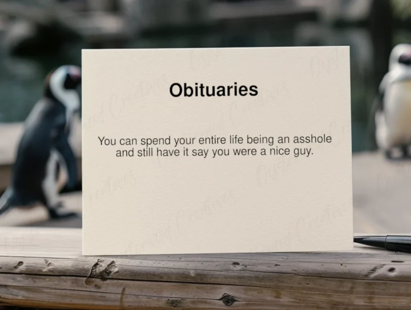 Obituaries. You can spend your entire life being an asshole and still have it say you were a nice guy. Mock up front of card.