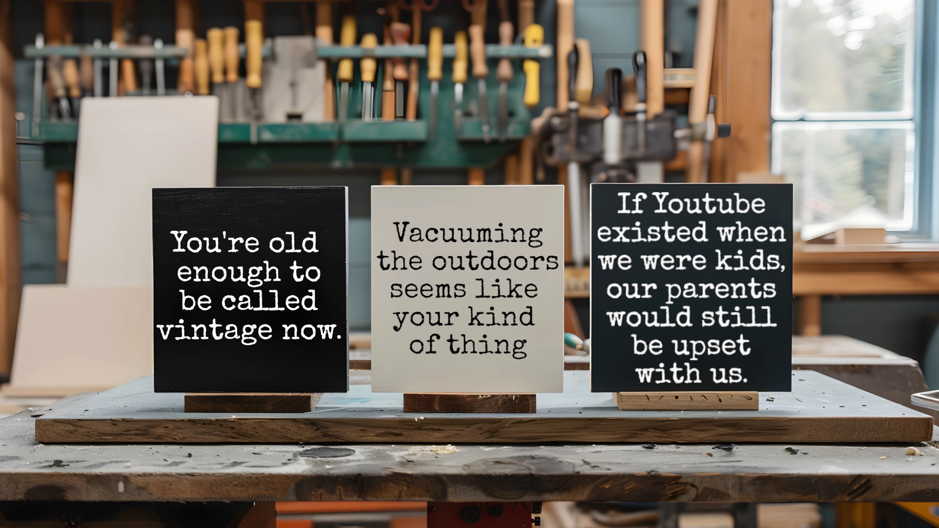 Three signs sitting on a work bench.