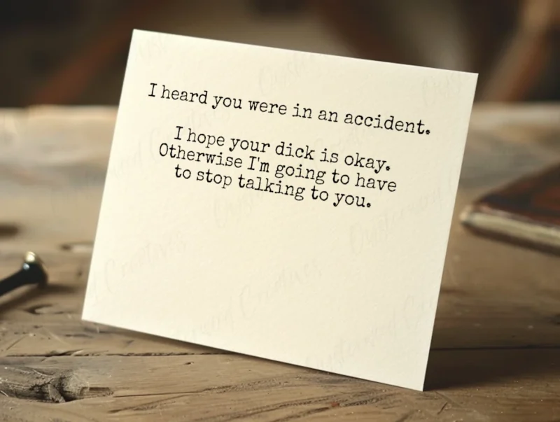 I heard you were in an accident. I hope your dick is okay. Otherwise I'm going to have to stop talking to you. Mock up front of card.