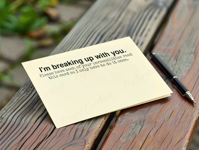 I'm breaking up with you. Please have each of your personalities read this card so I only have to do it once. Mock up front of card.