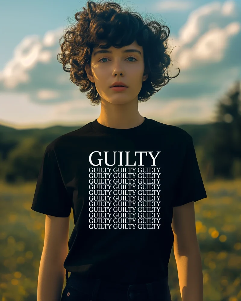 Guilty, Guilty, Guilty... T-Shirt black shirt with white lettering.