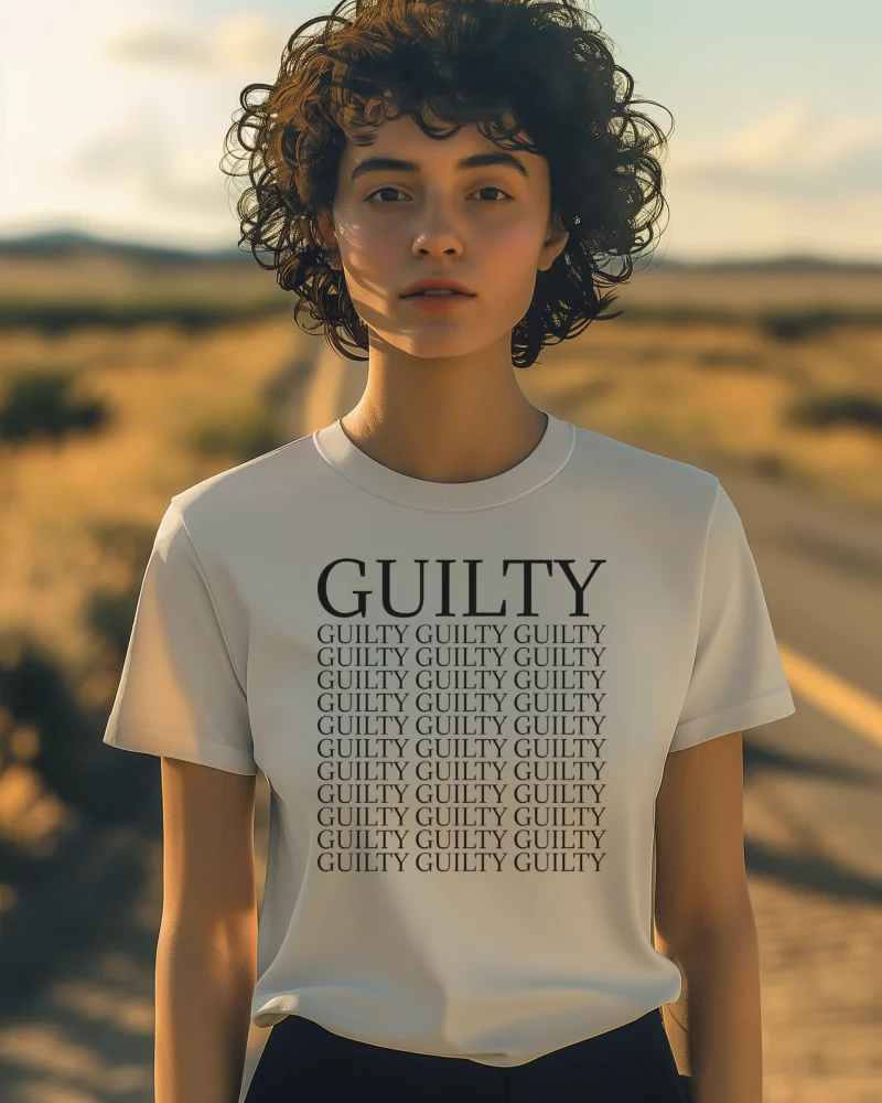 Guilty, Guilty, Guilty... T-Shirt white shirt with black lettering.