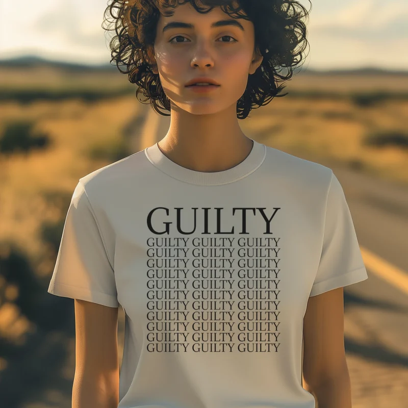 Guilty, Guilty, Guilty... T-Shirt white shirt with black lettering.