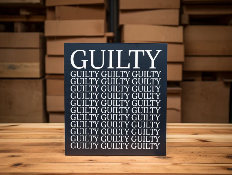 Guilty, Guilty, Guilty... Rustic Farmhouse Wooden Sign dark blue sign with white text.
