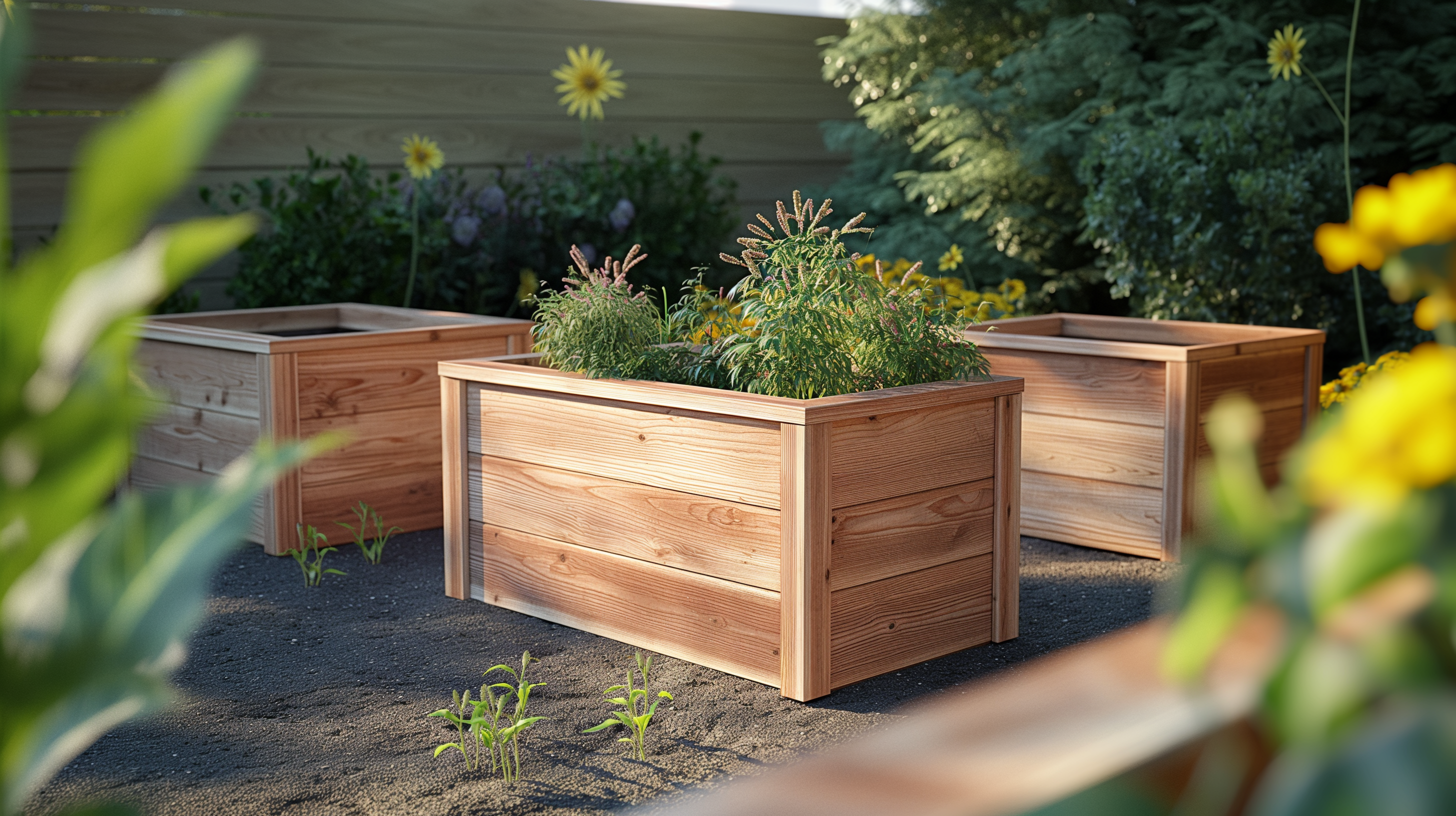 Cedar planters in a garden.