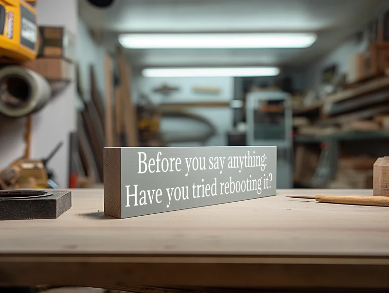 Before you say anything: Have you tried rebooting it? Gray sign with white lettering.