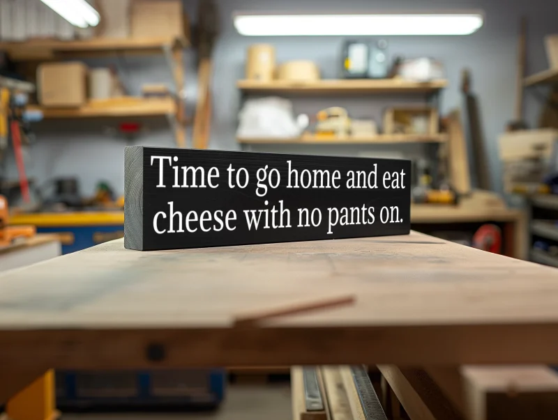 Time to go home and eat cheese with no pants on. Black sign with white lettering.