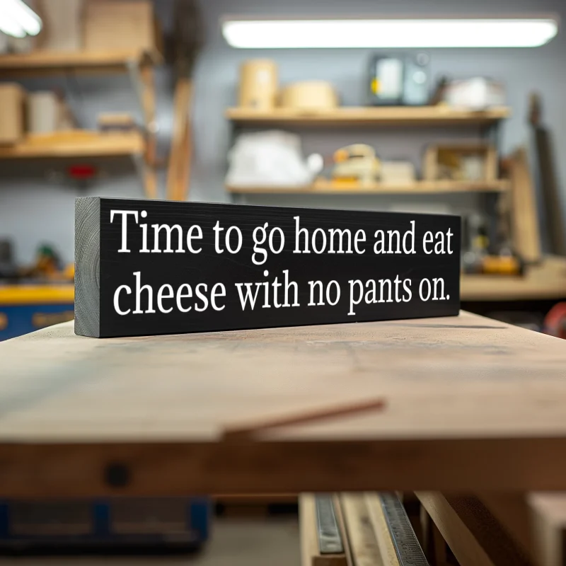 Time to go home and eat cheese with no pants on. Black sign with white lettering.