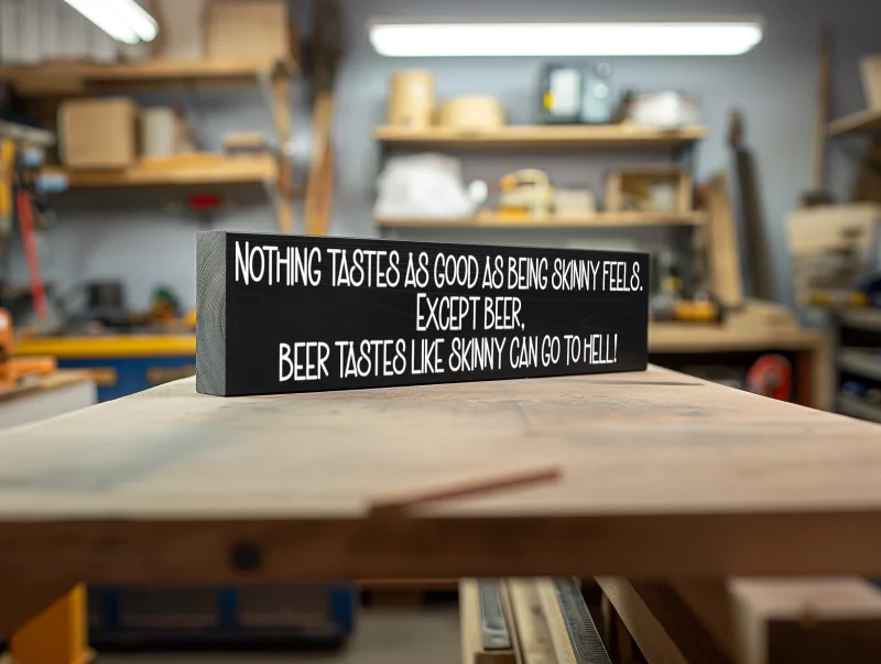Nothing tastes as good as being skinny feels. Except beer, beer tastes like skinny can go to hell! Black sign with white lettering.