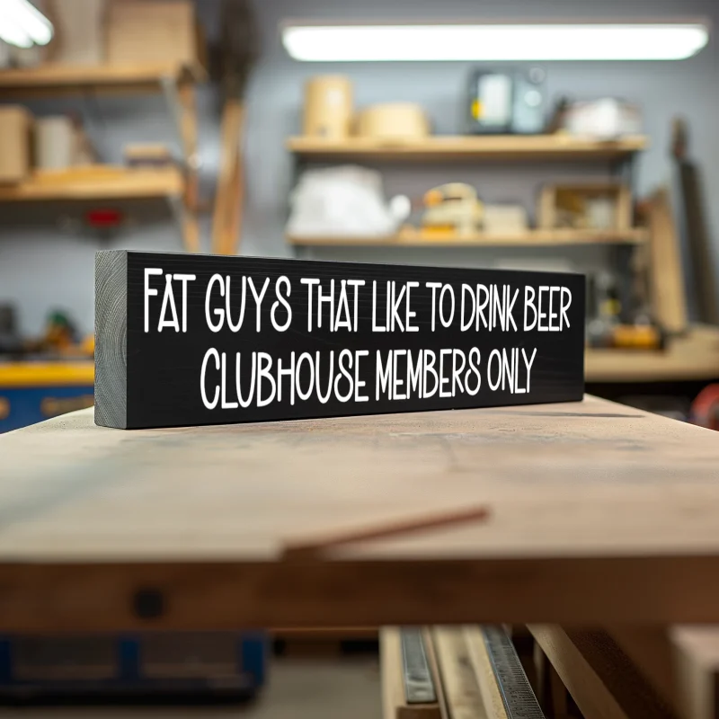 Fat guys that like to drink beer. Clubhouse members only. Black sign with white lettering.