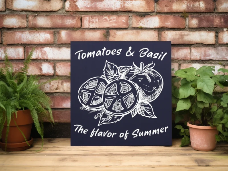 tomatoes & basil the flavor of Summer, Dark blue sign with white lettering.