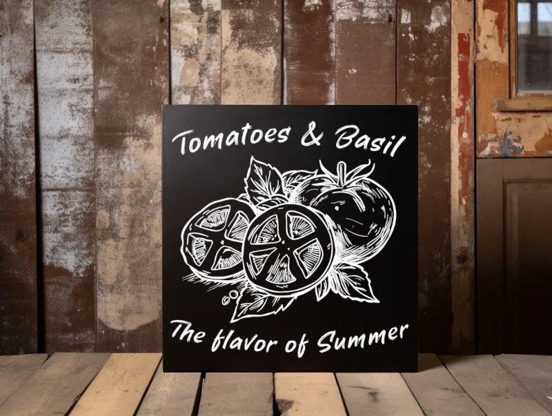 tomatoes & basil the flavor of Summer, black sign with white lettering.