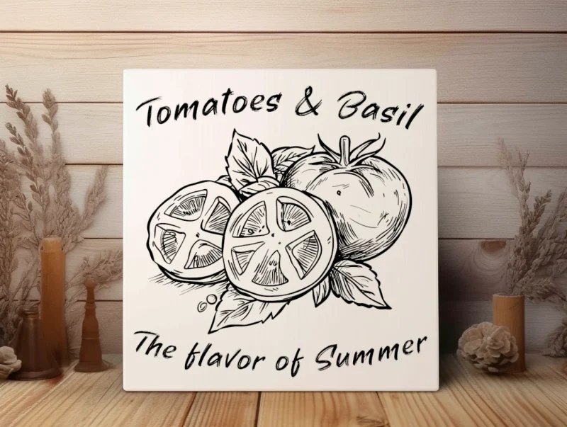 tomatoes & basil the flavor of Summer, White sign with black lettering.