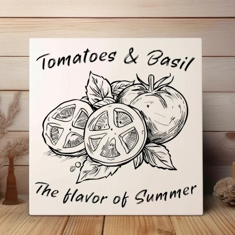 tomatoes & basil the flavor of Summer, White sign with black lettering.