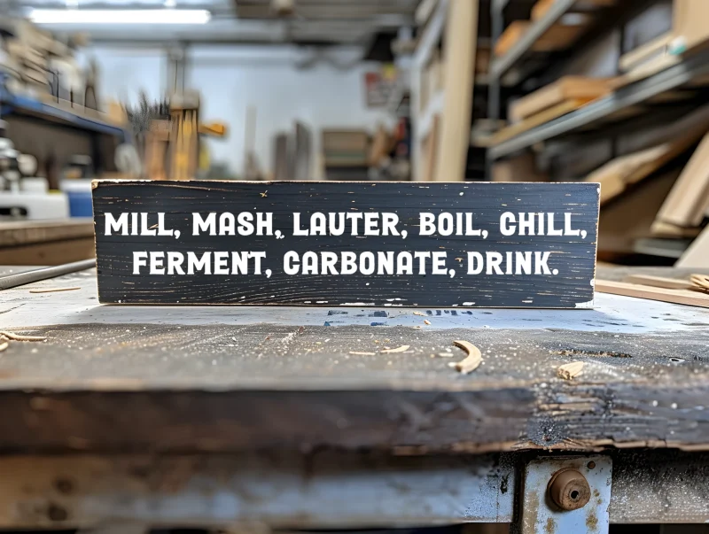 Mill, Mash, Lauter, Boil, Chill, Ferment, Carbonate, Drink. Black sign with white lettering.