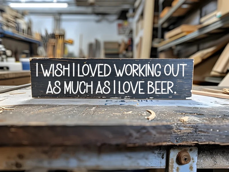 I wish I loved working out as much as I love beer. Black sign with white lettering.