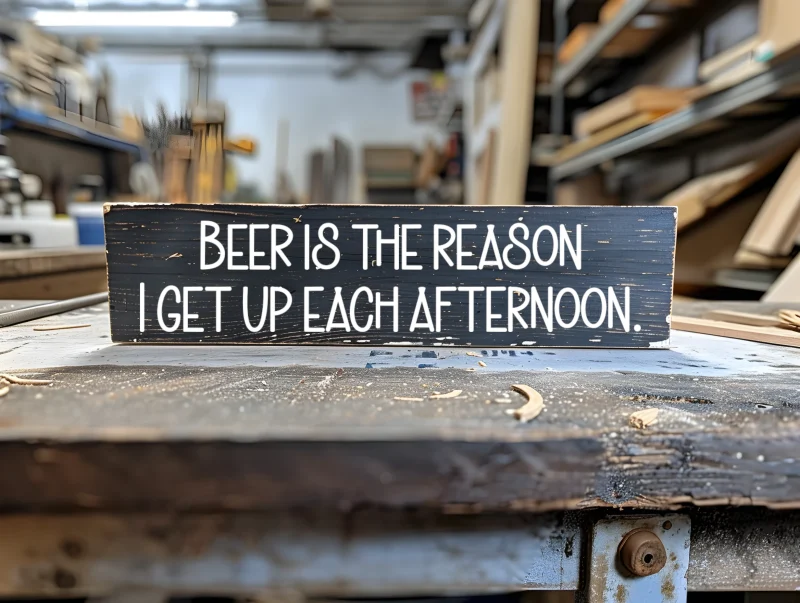 Beer is the reason I get up each afternoon. Black sign with white lettering.