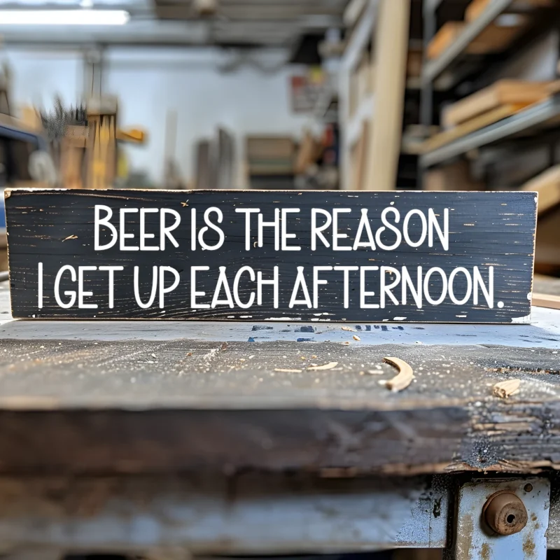 Beer is the reason I get up each afternoon. Black sign with white lettering.