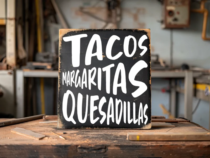 tacos, margaritas, quesadillas. Black sign with white lettering.