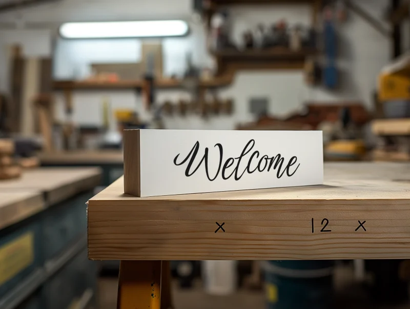 Welcome. White sign with black lettering.