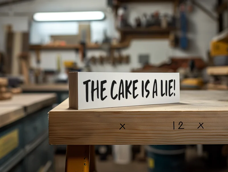 the Cake is a Lie! White sign with black lettering.