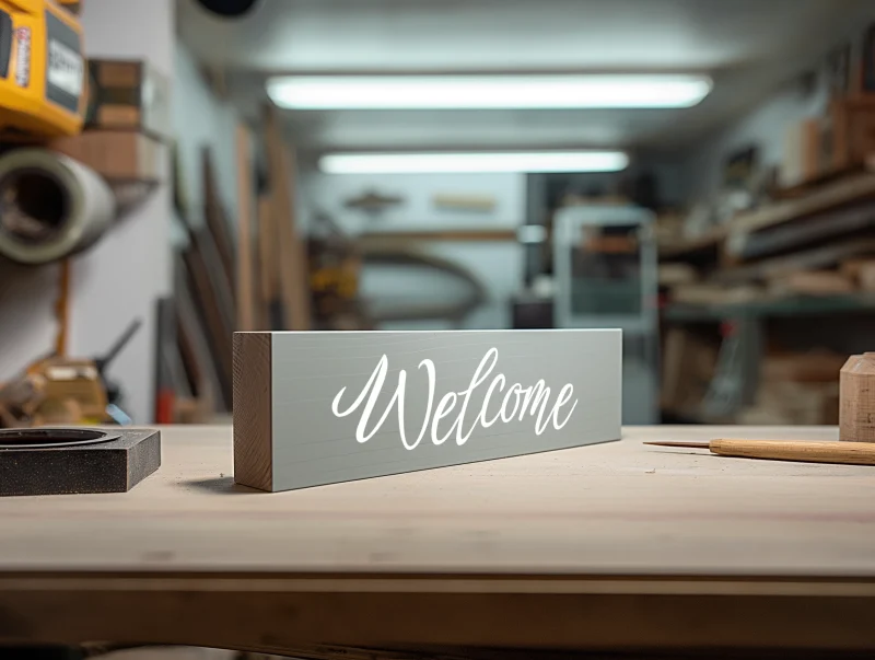 Welcome. Gray sign with white lettering.