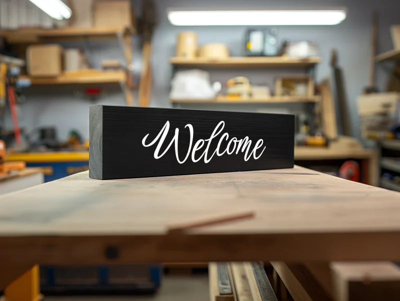 Welcome. Black sign with white lettering.