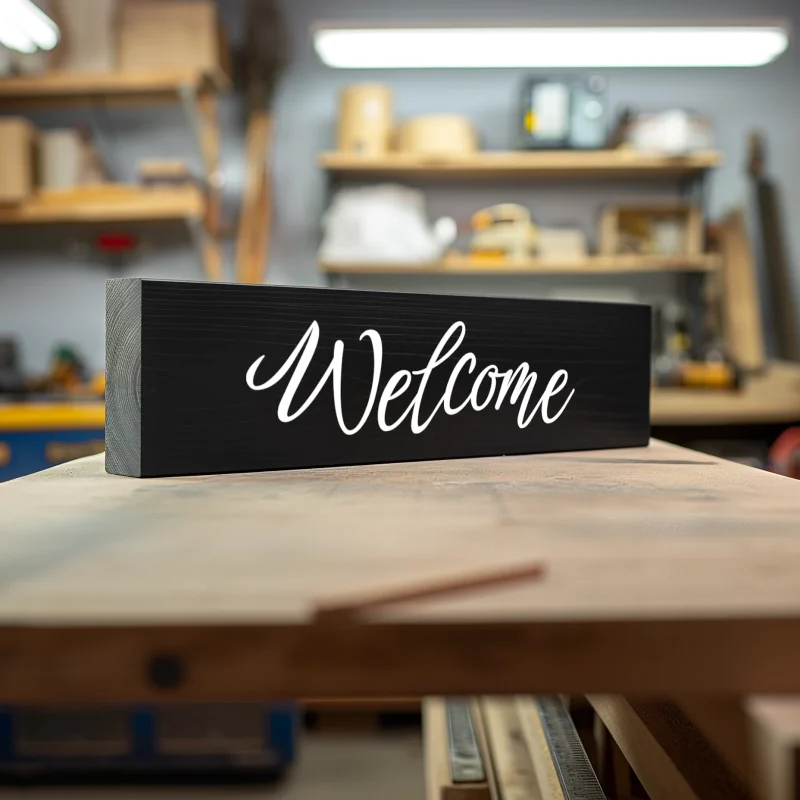 Welcome. Black sign with white lettering.