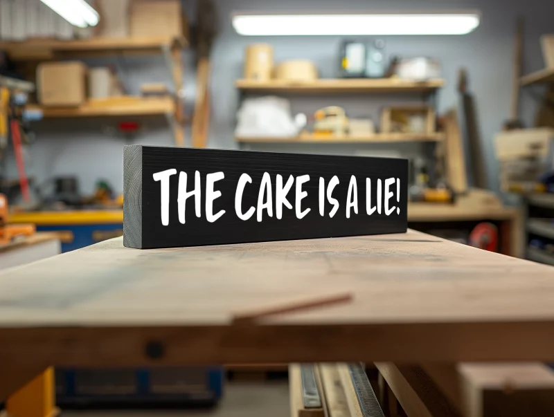 the Cake is a Lie! Black sign with white lettering.