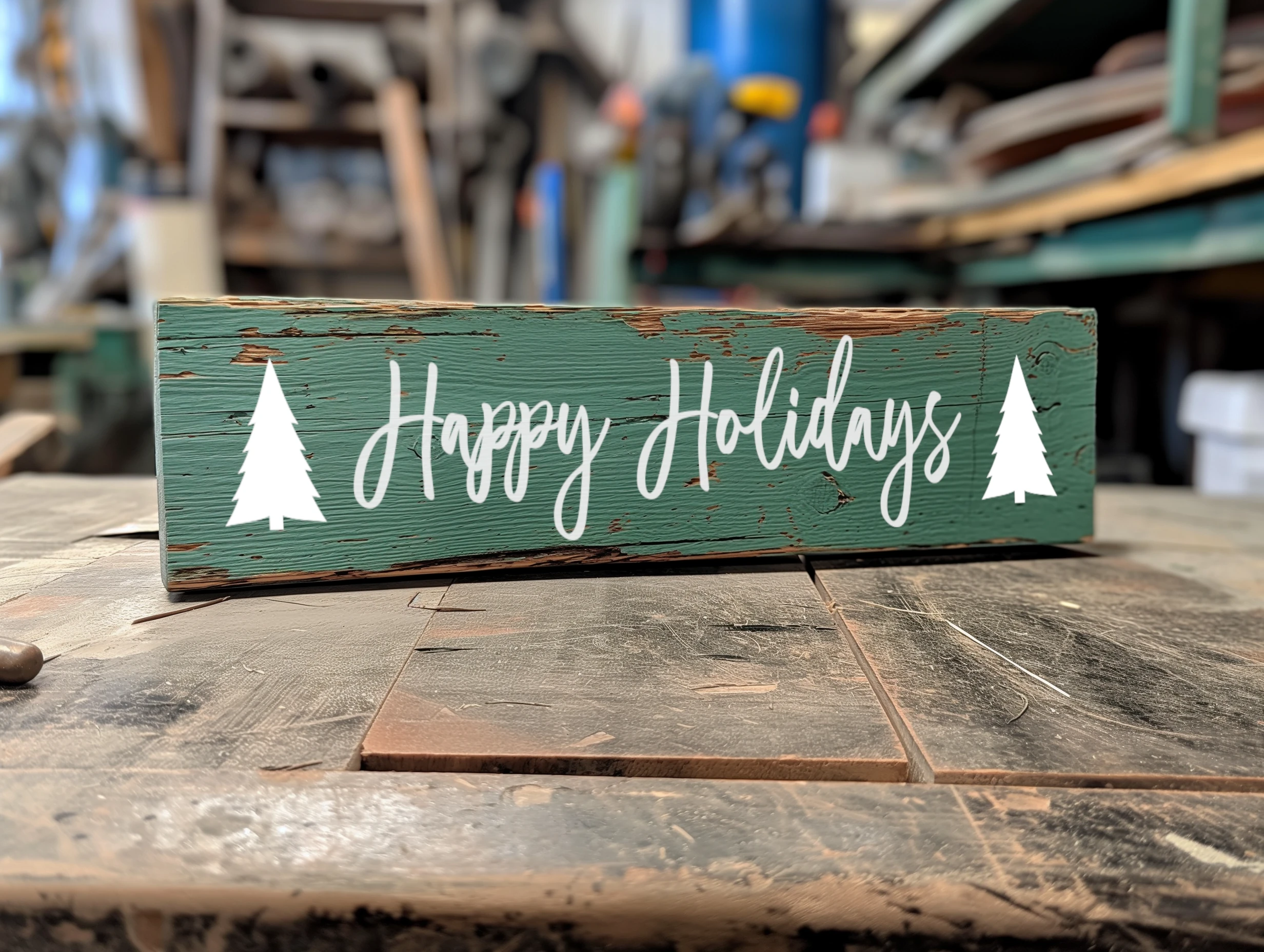 Happy Holidays. Green sign with white lettering.