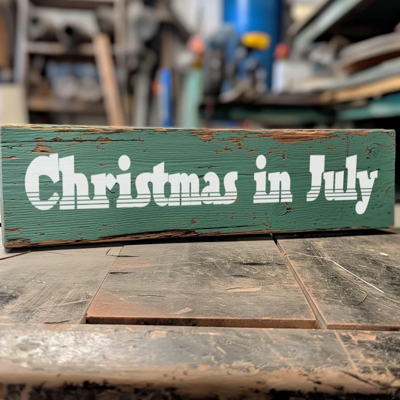 Christmas in July. Green sign with white lettering.