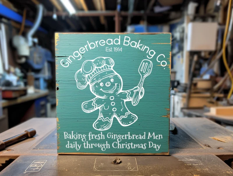 Gingerbread baking co. Baking fresh Gingerbread Men daily through Christmas Day. Green sign with white lettering and graphics.