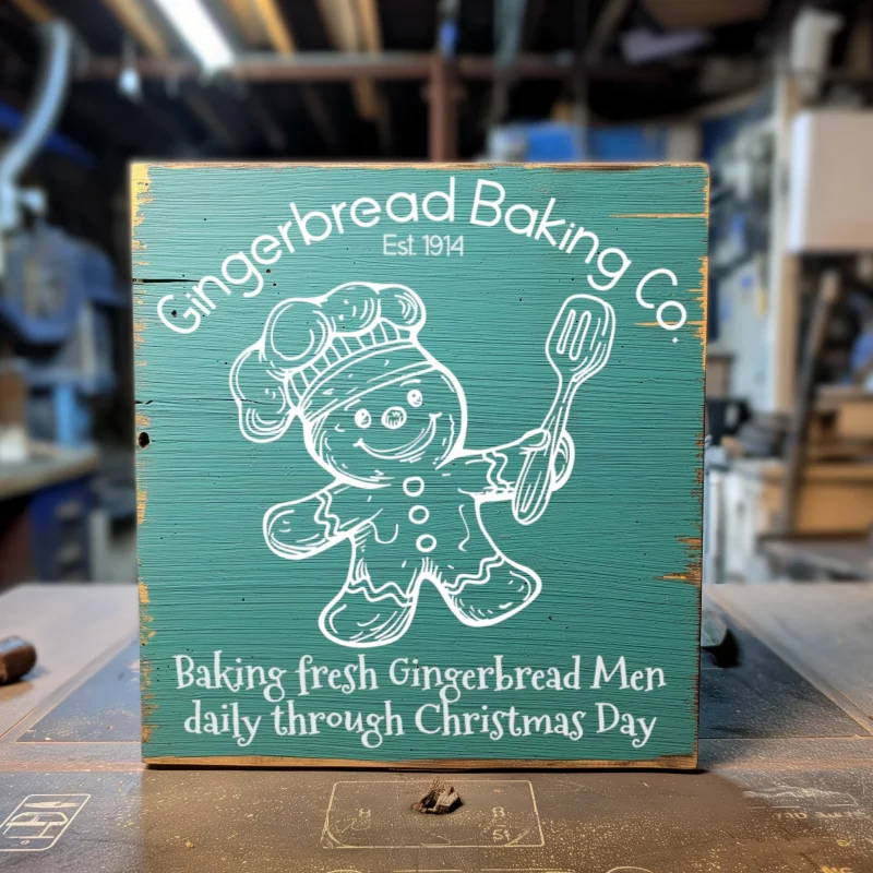 Gingerbread baking co. Baking fresh Gingerbread Men daily through Christmas Day. Green sign with white lettering and graphics.