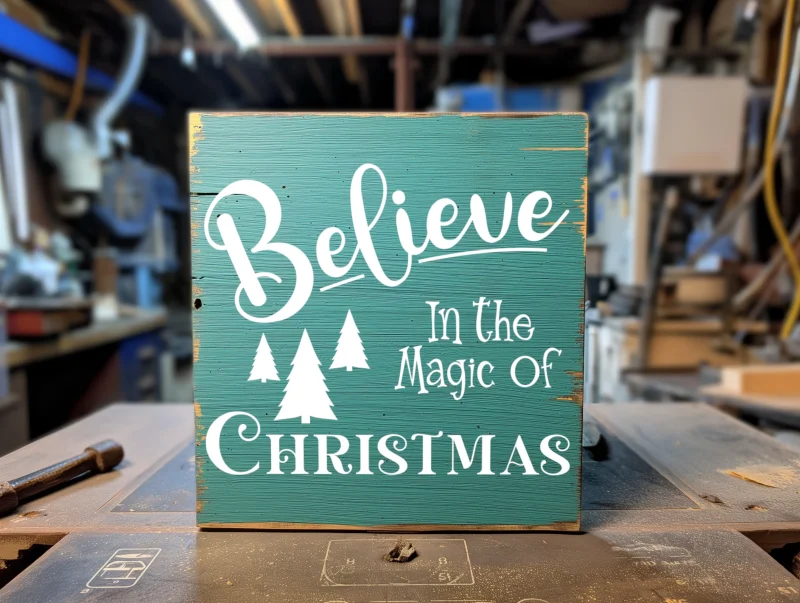 Believe in the magic of Christmas. Freen sign with white lettering.