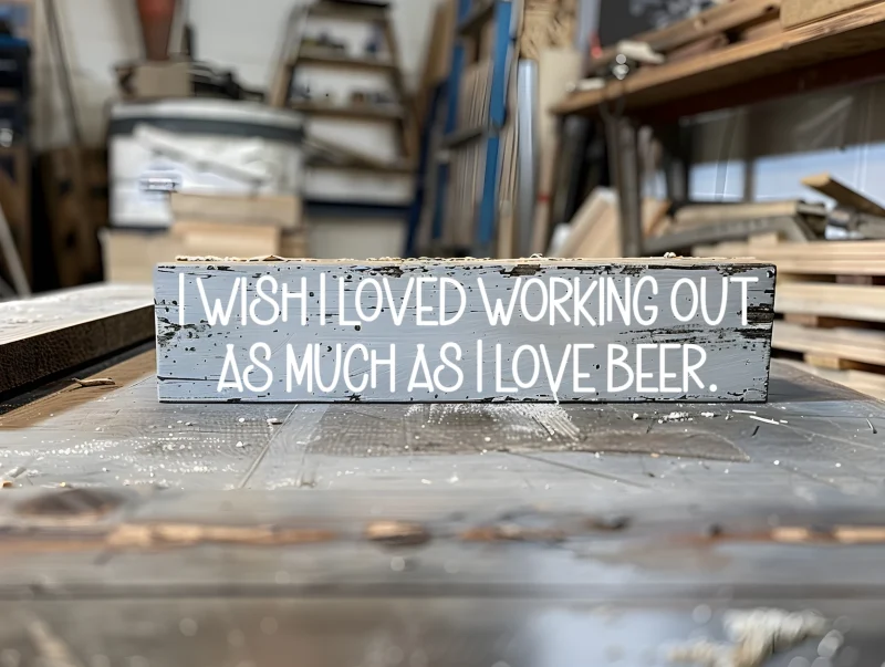 I wish I loved working out as much as I love beer. Gray sign with white lettering.