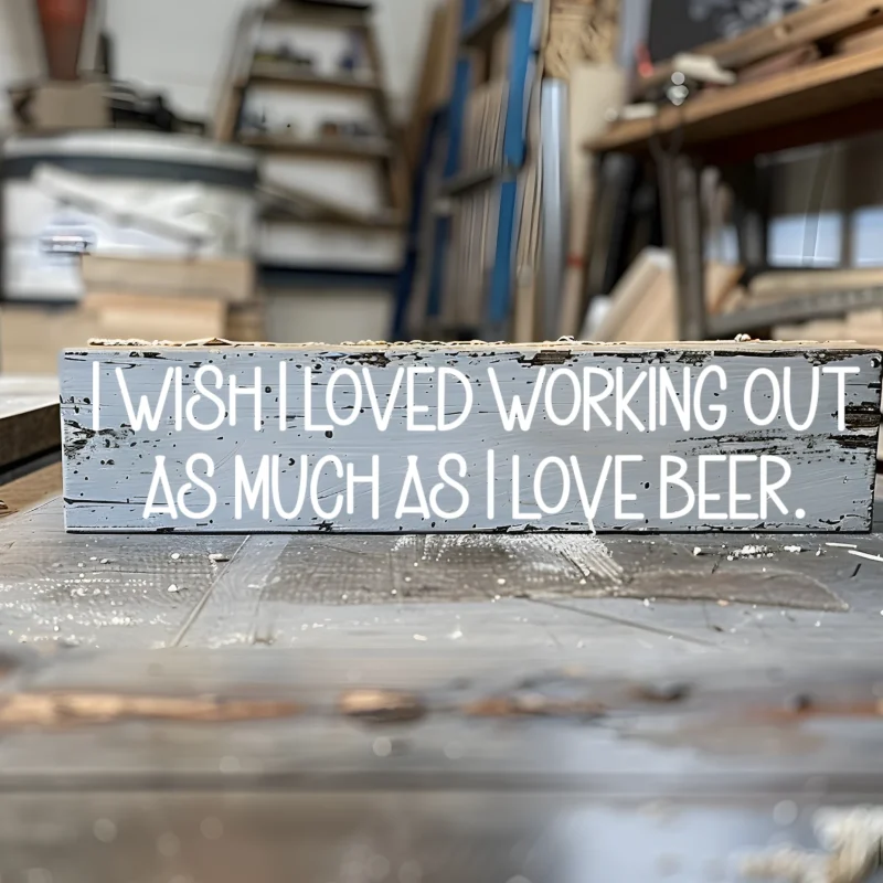 I wish I loved working out as much as I love beer. Gray sign with white lettering.