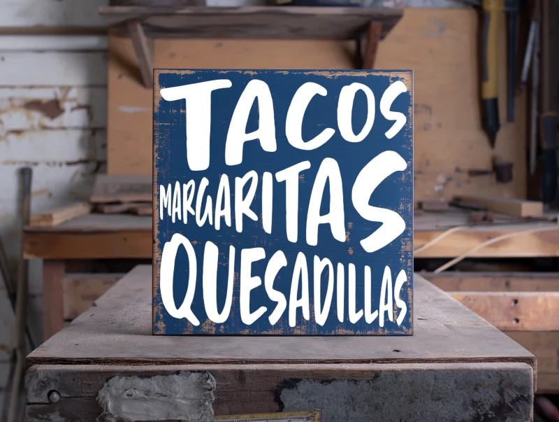 tacos, margaritas, quesadillas. Blue sign with white lettering.