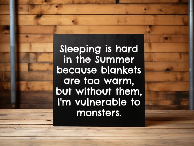 Sleeping is hard in the summer because blankets are too warm, but without them, I'm vulnerable to monsters. Black sign with white lettering.
