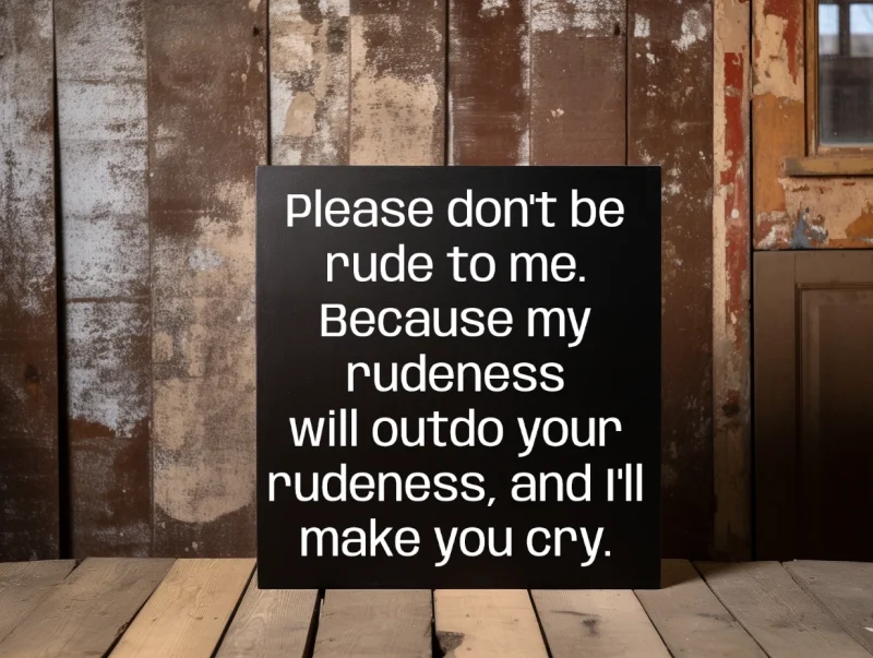 Please don't be rude to me. Because my rudeness will outdo your rudeness, and I'll make you cry. Black sign with white lettering.