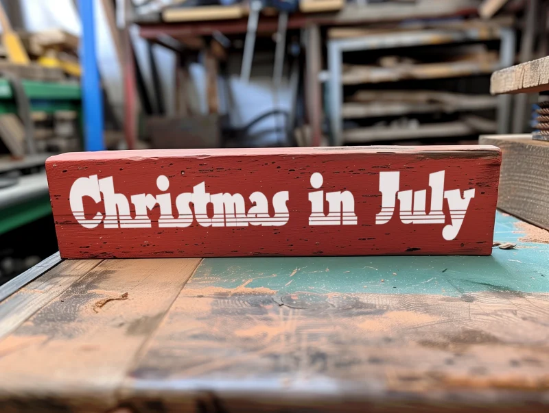 Christmas in July. Red sign with white lettering.
