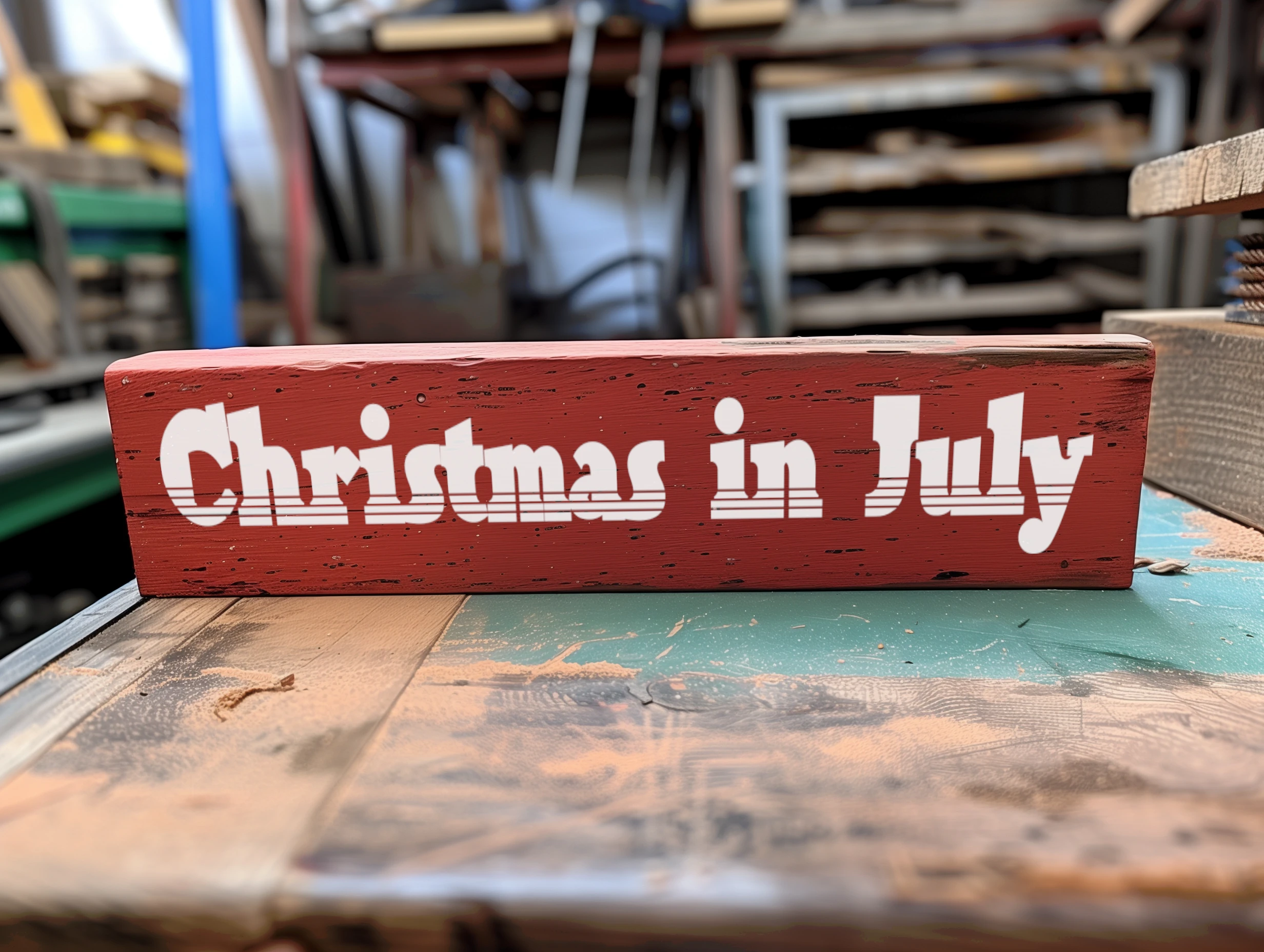 Christmas in July. Red sign with white lettering.