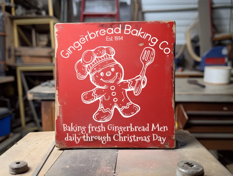 Gingerbread baking co. Baking fresh Gingerbread Men daily through Christmas Day. Red sign with white lettering and graphics.