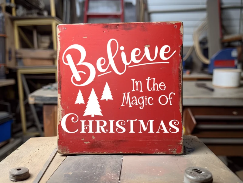 Believe in the magic of Christmas. Red sign with white lettering.