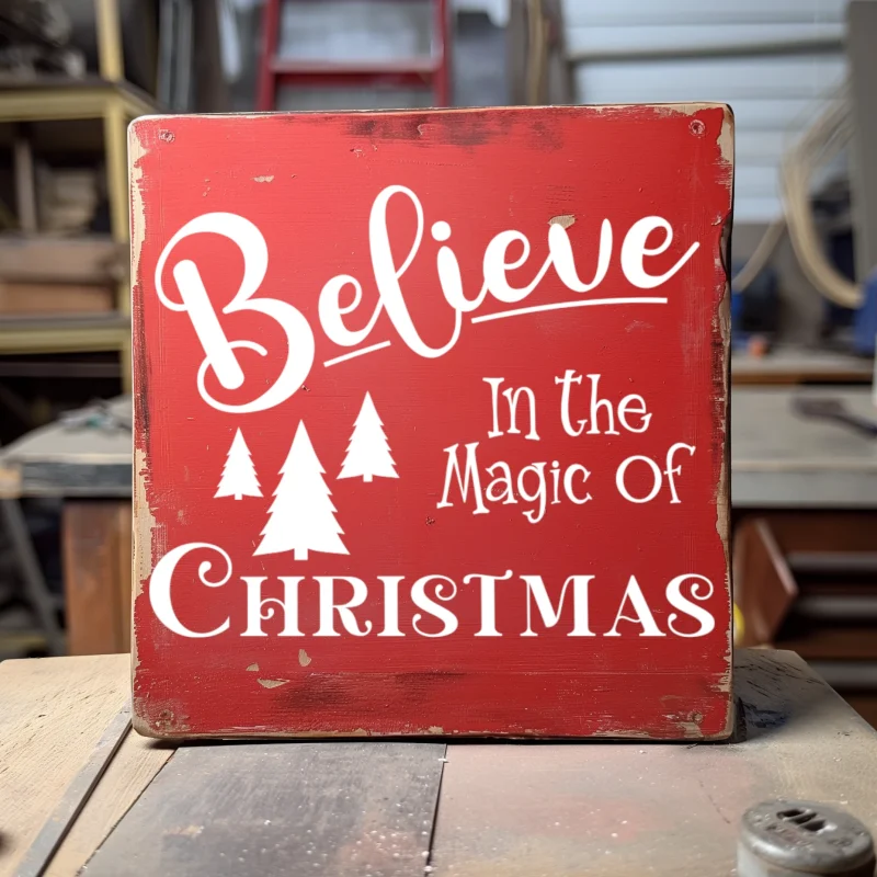 Believe in the magic of Christmas. Red sign with white lettering.
